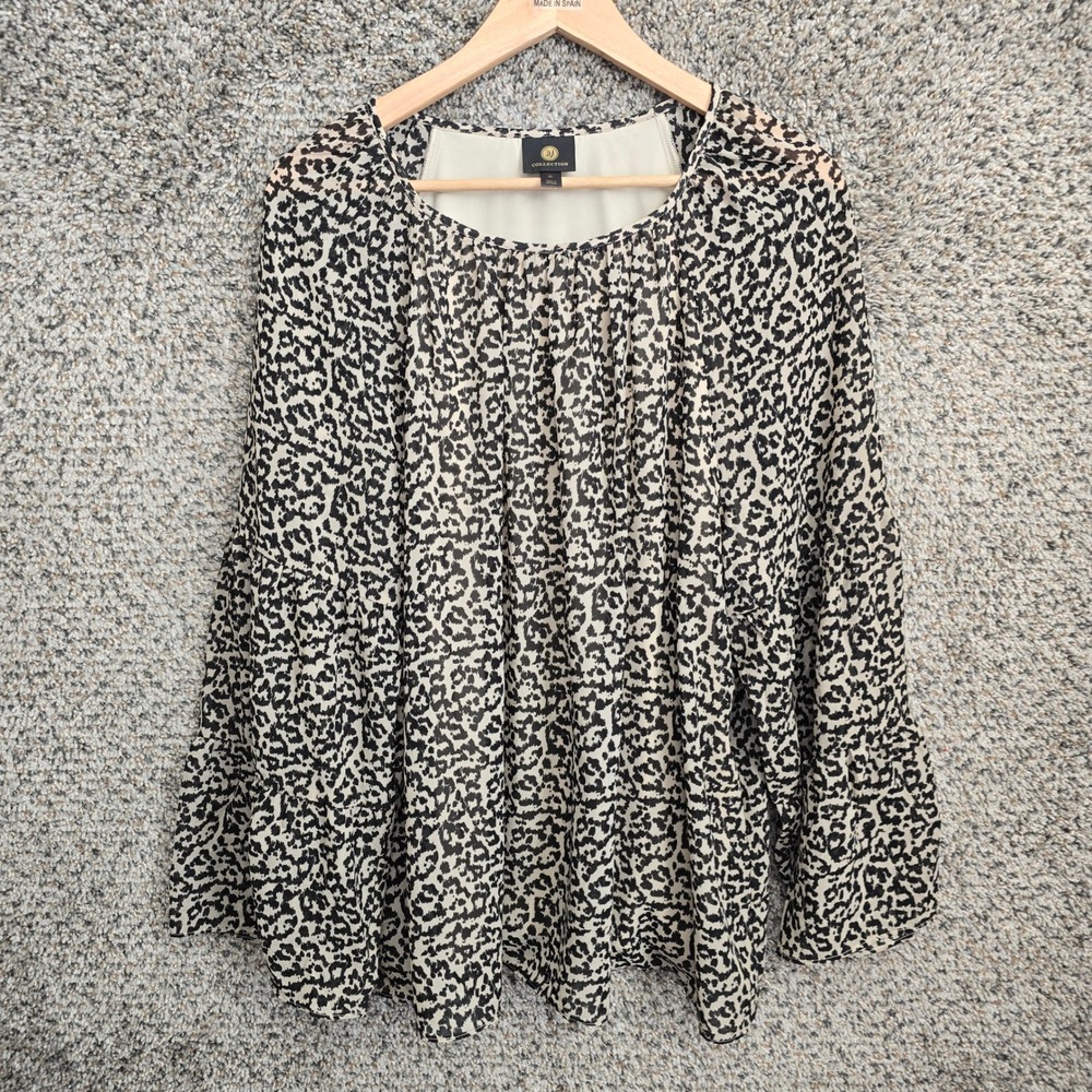JM Collection Top Womens XL Black Peasant Blouse Animal Print Sheer Lined Ladies